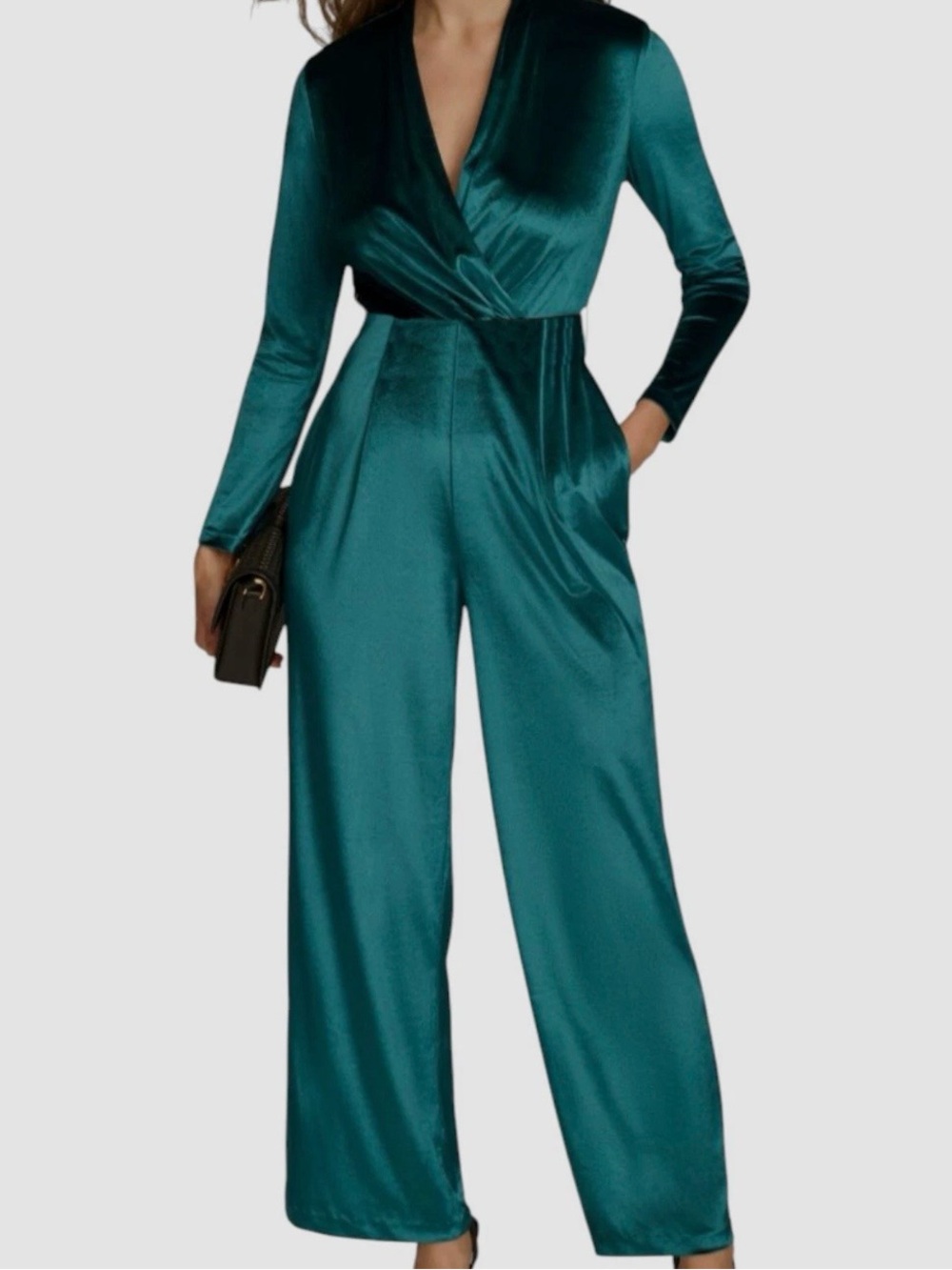 Donna Karan Teal velvet Wrap-Front Wide-Leg Jumpsuit - Picture 3 of 9